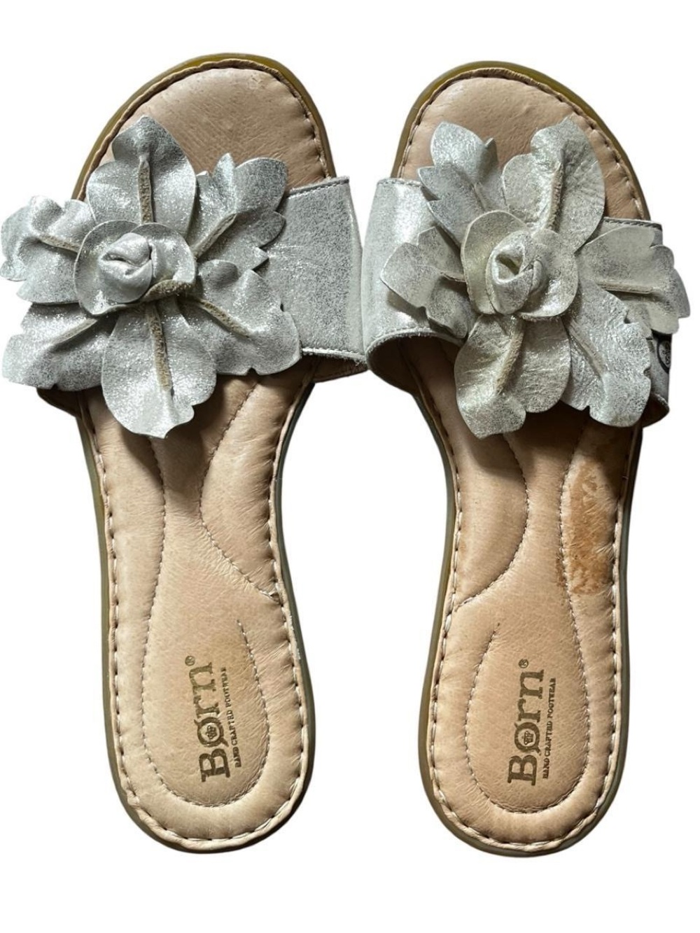 US 8 Born Silver Floral Slide Sandals